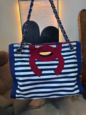 AUTH Chanel Marinière striped Chain Tote  bag. Cruise line